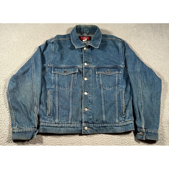 Vintage Wrangler Hero Trucker Jacket Mens Small Blue Denim Flap Pockets Biker - Picture 1 of 9